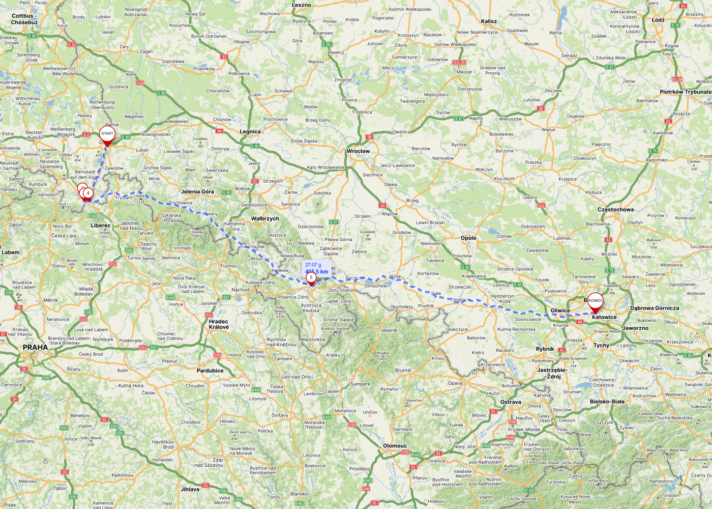 Planowany przebieg trasy Zgorzelec Katowice / źródło mapy.com Planowany przebieg trasy Zgorzelec Katowice / źródło mapy.com